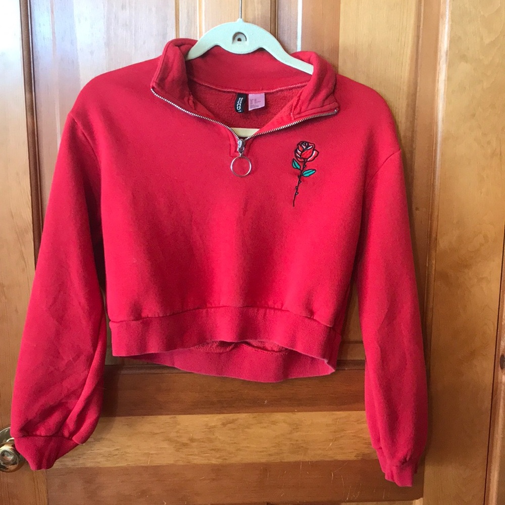 Red Divided Cropped Sweatshirt